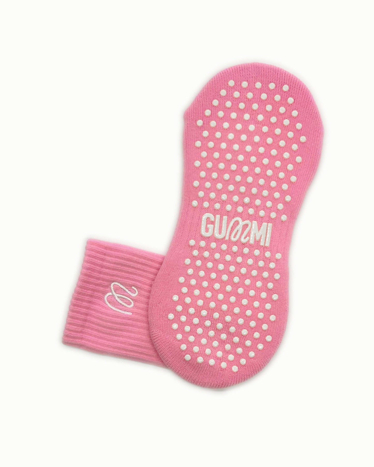 Gummi Socks Strawberry Whip slouch grip socks sole view, showing full non-slip grip pattern and cushioned sole designed for Pilates, reformer, yoga and barre.