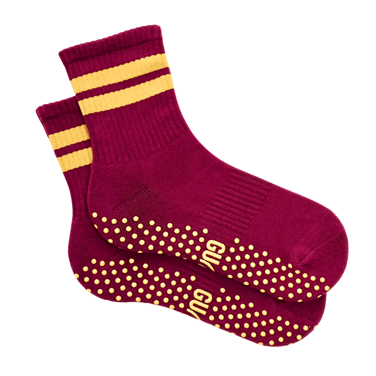 Maroon socks with yellow stripes and grip dots on a white background
