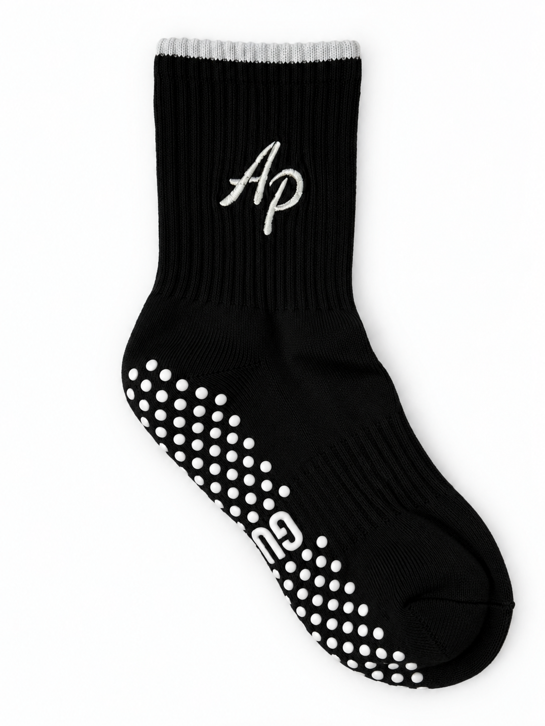 Personalised Midnight Mint black crew Pilates grip sock with grey detailing and embroidered monogram initials