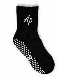 Personalised Midnight Mint black crew Pilates grip sock with grey detailing and embroidered monogram initials