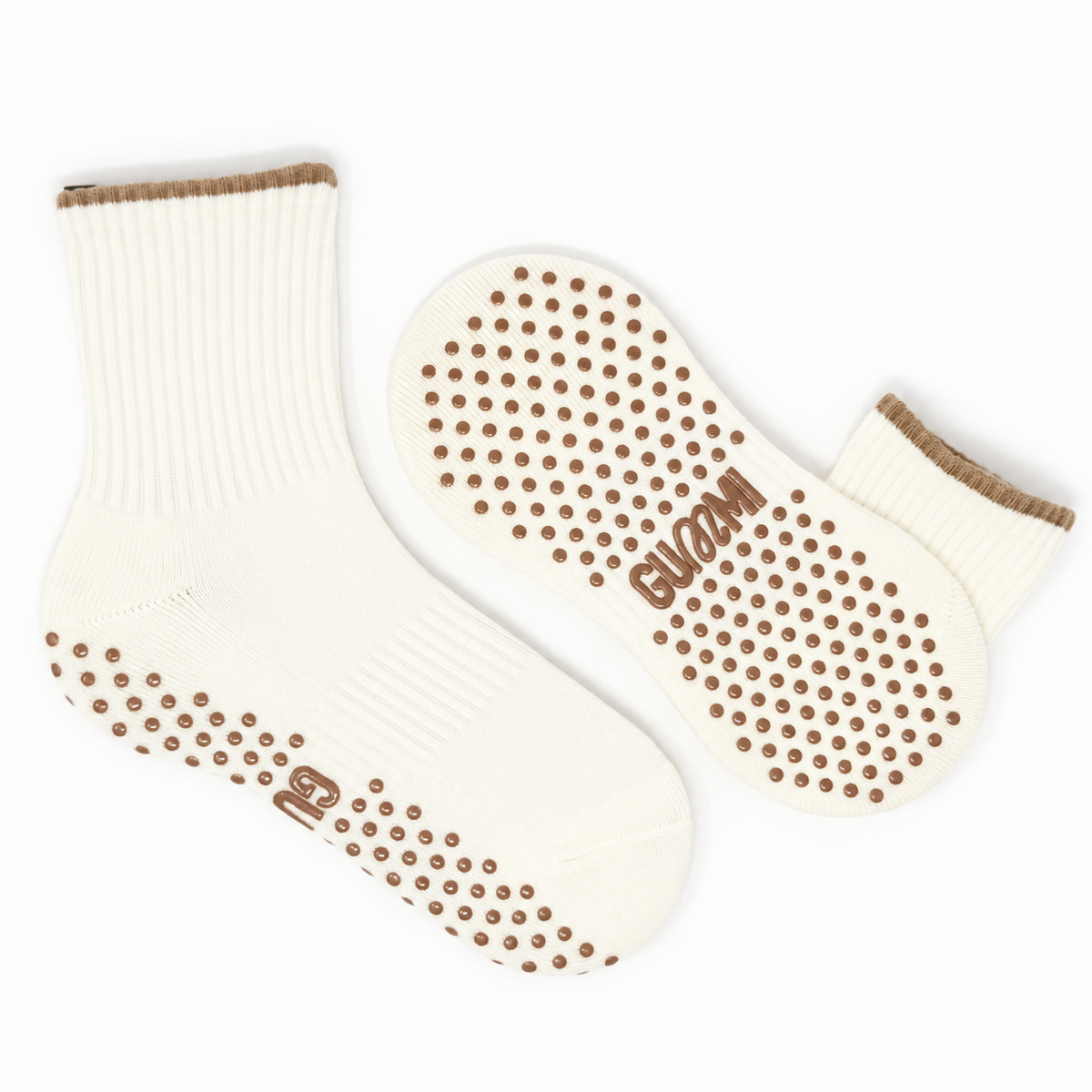 Butter Mint cream crew length Pilates grip socks with warm brown trim and non-slip grip dots by GUMMI SOCKS