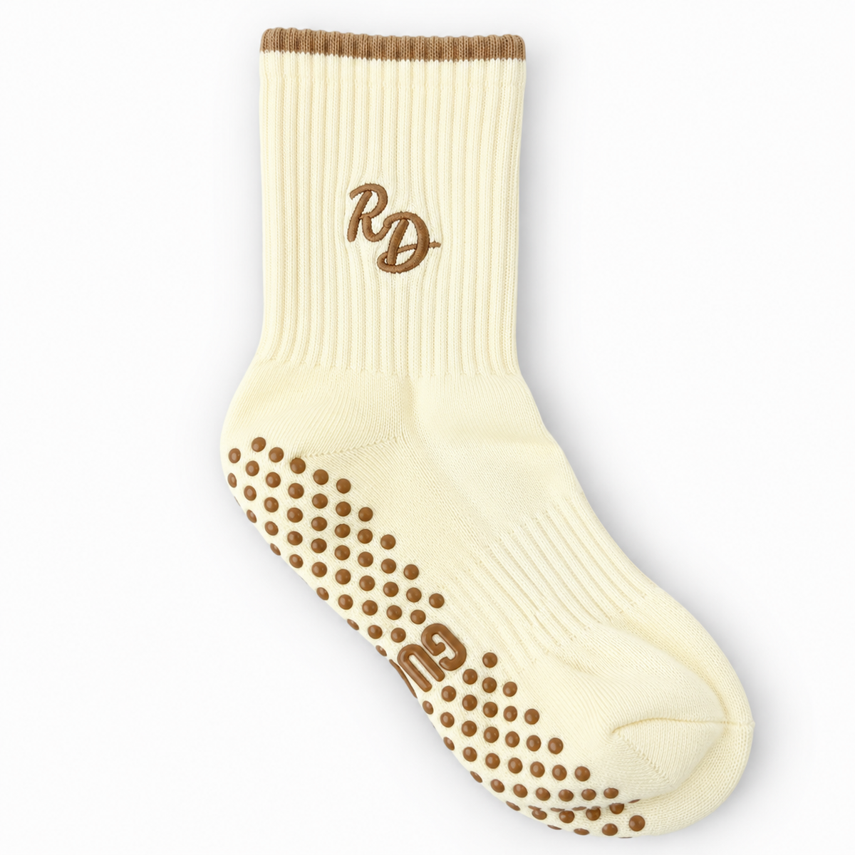 Personalised Butter Mint cream ribbed crew Pilates grip sock with embroidered initials, mocha-brown detailing and brown non-slip grips