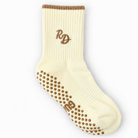 Personalised Butter Mint cream ribbed crew Pilates grip sock with embroidered initials, mocha-brown detailing and brown non-slip grips