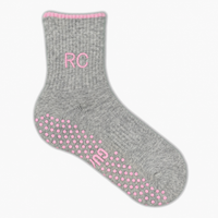 Sugar Cloud grey crew Pilates grip sock personalised with pink RC embroidery and non-slip sole grips