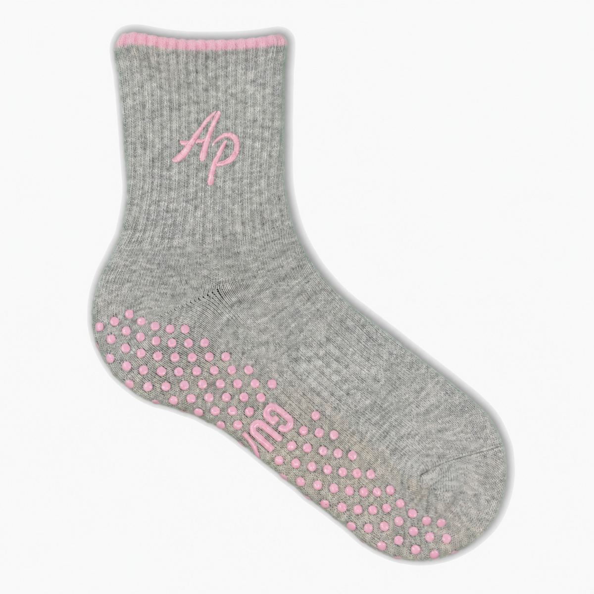 Personalised Sugar Cloud grey marl Pilates grip sock with baby-pink details and embroidered AP monogram
