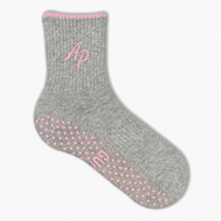 Personalised Sugar Cloud grey marl Pilates grip sock with baby-pink details and embroidered AP monogram