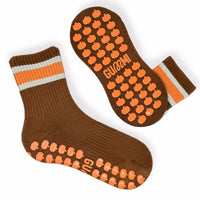 Pumpkin Spice crew grip socks showing orange pumpkin non-slip grip