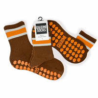 Pumpkin Spice brown and orange Pilates grip socks with pumpkin-shaped soles