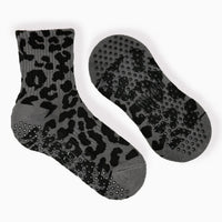 Liquorice Leopard black and grey crew grip socks for Pilates and Reformer