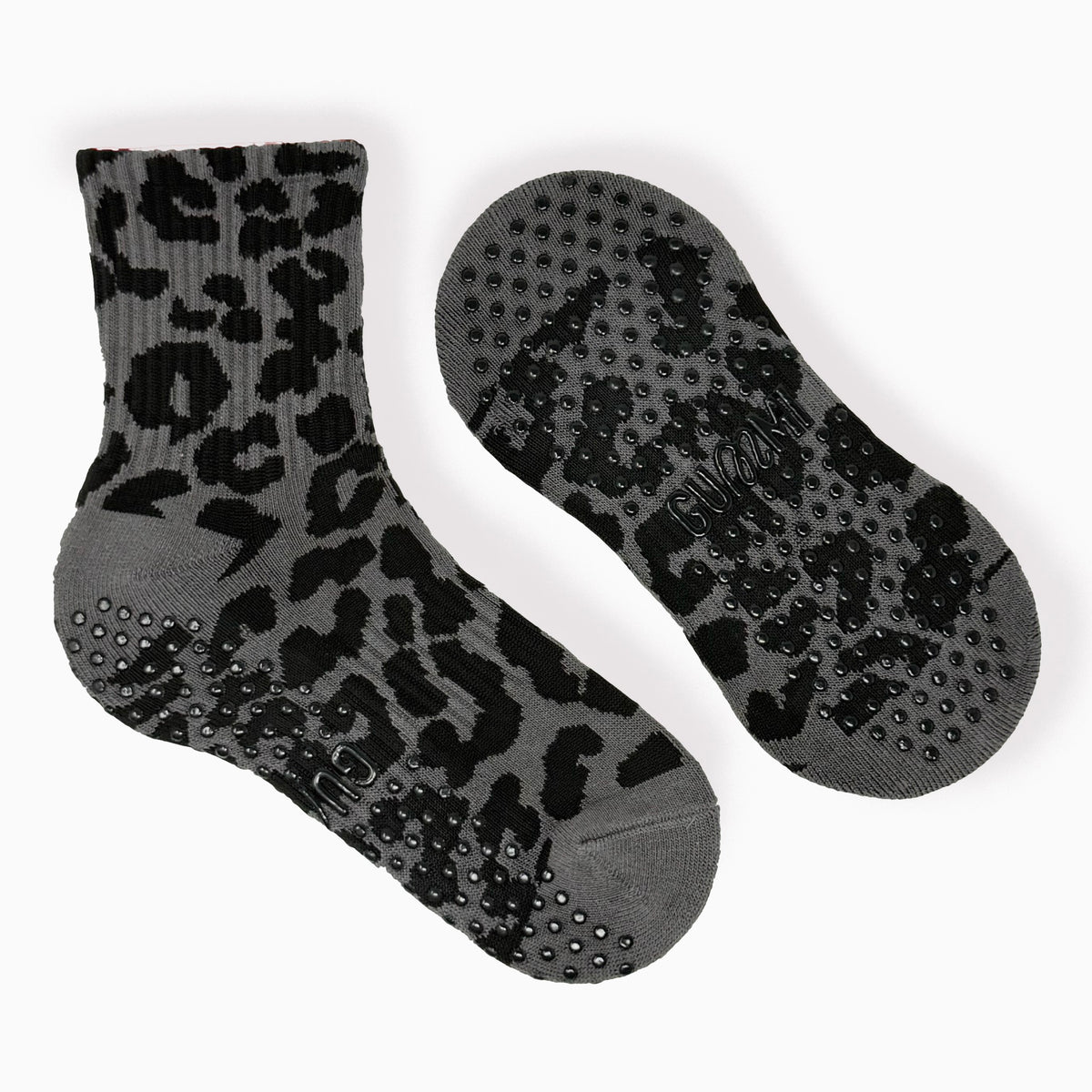 Liquorice Leopard black and grey crew grip socks for Pilates and Reformer