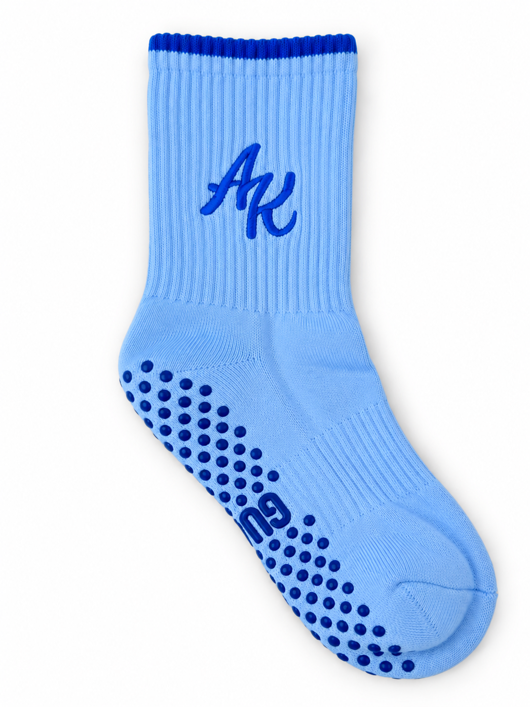 Icy Gummi Balls pastel blue Pilates grip sock with personalised monogram embroidery and non-slip sole
