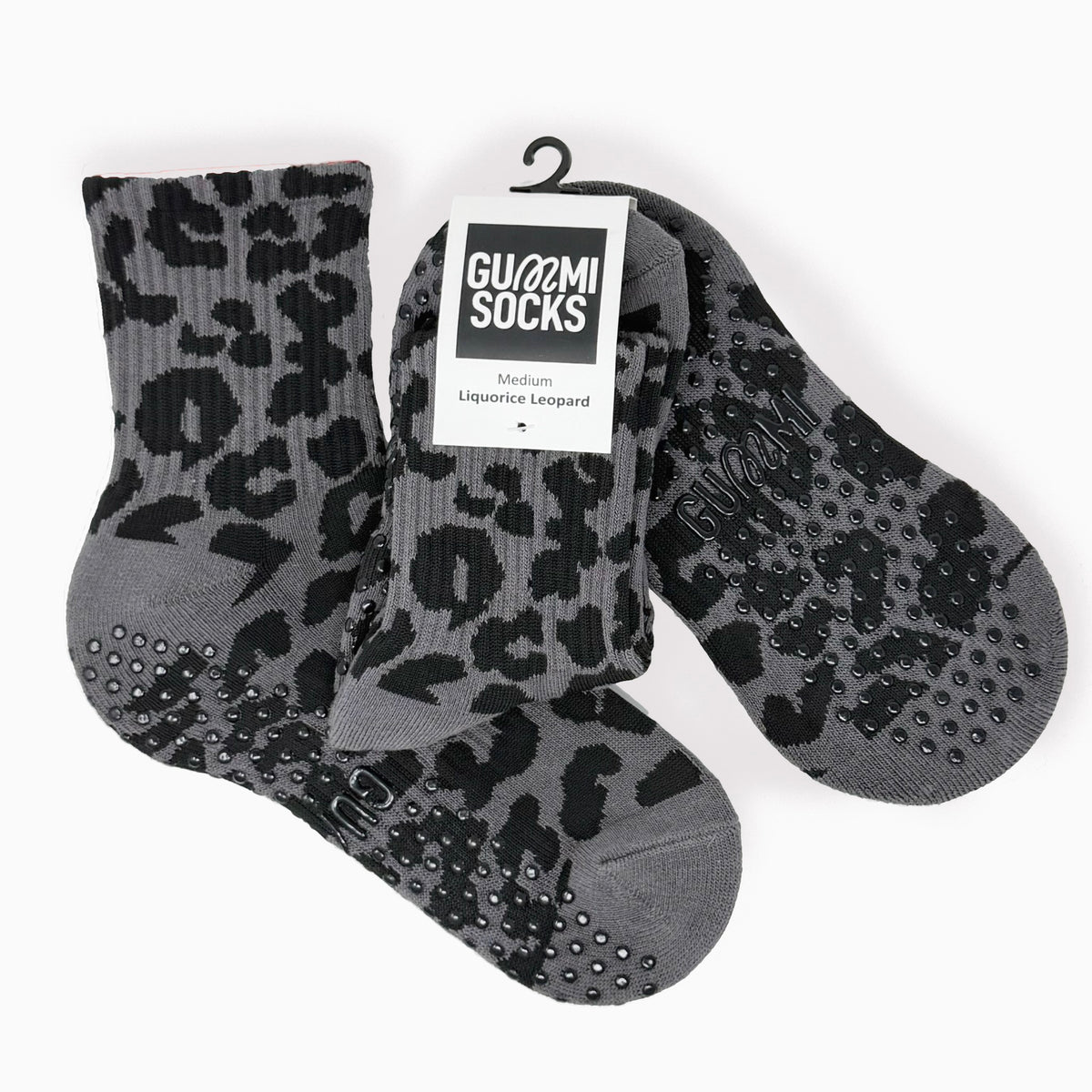 Liquorice Leopard black and grey crew grip socks for Pilates and Reformer