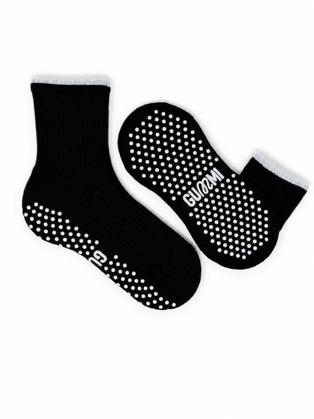 Midnight Mint black crew length Pilates grip socks with white trim and white non-slip grip dots by GUMMI SOCKS