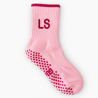 Personalised Sugar Gummi Balls pastel pink crew Pilates grip sock with embroidered LS initials and raspberry-pink detailing