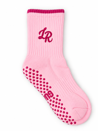 Sugar Gummi Balls personalised light pink Pilates grip sock with embroidered monogram and raspberry-pink trim