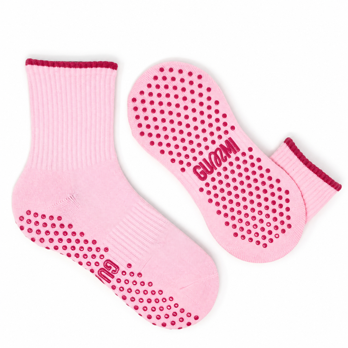 Sugar Gummi Balls pink crew length Pilates grip socks with raspberry-pink trim and matching non-slip grip dots by GUMMI SOCKS