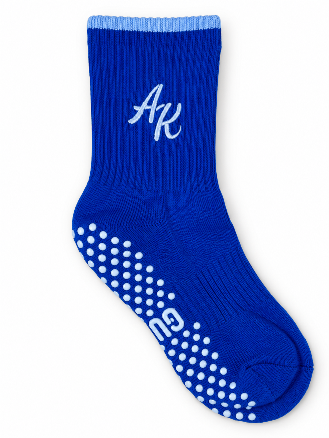 Personalised Blue Gummi Balls electric blue ribbed Pilates grip sock with embroidered AK initials