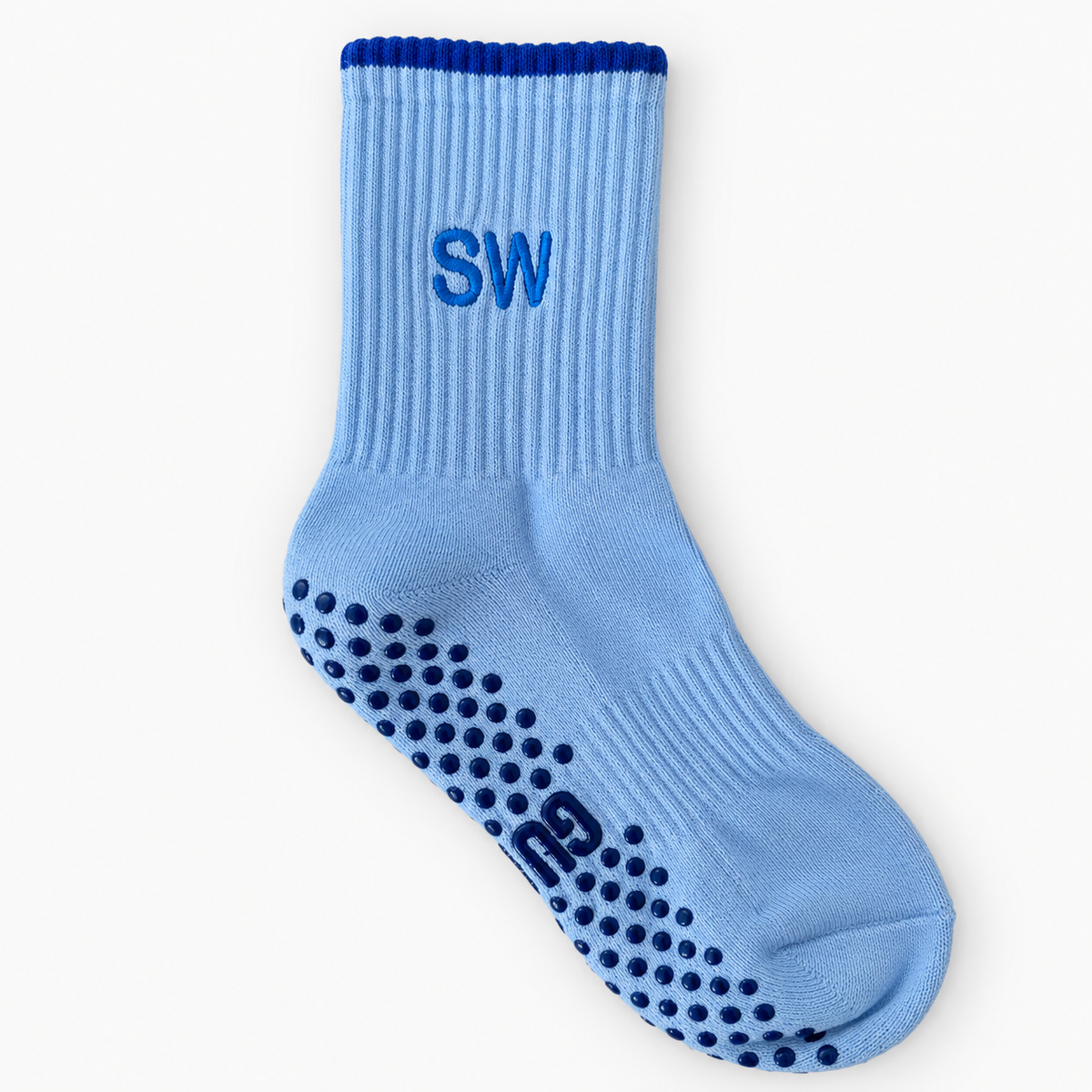 Personalised Icy Gummi Balls light blue crew Pilates grip socks with embroidered initials