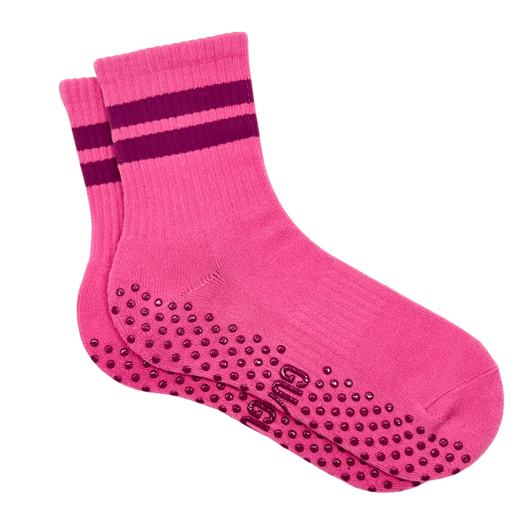 Pink socks with purple stripes and textured sole on a white background