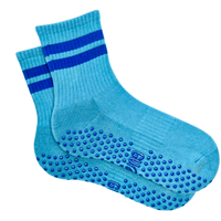 Blue socks with non-slip sole on a white background