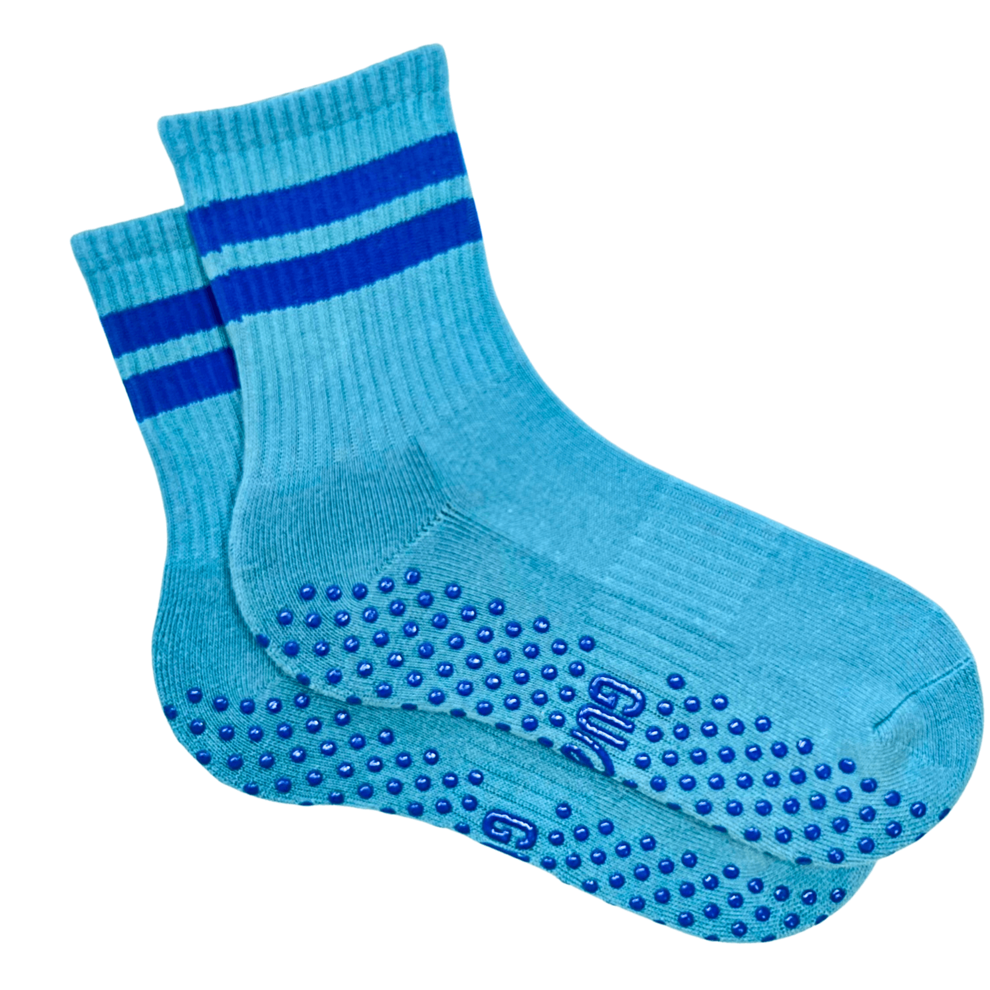 Blue socks with non-slip sole on a white background