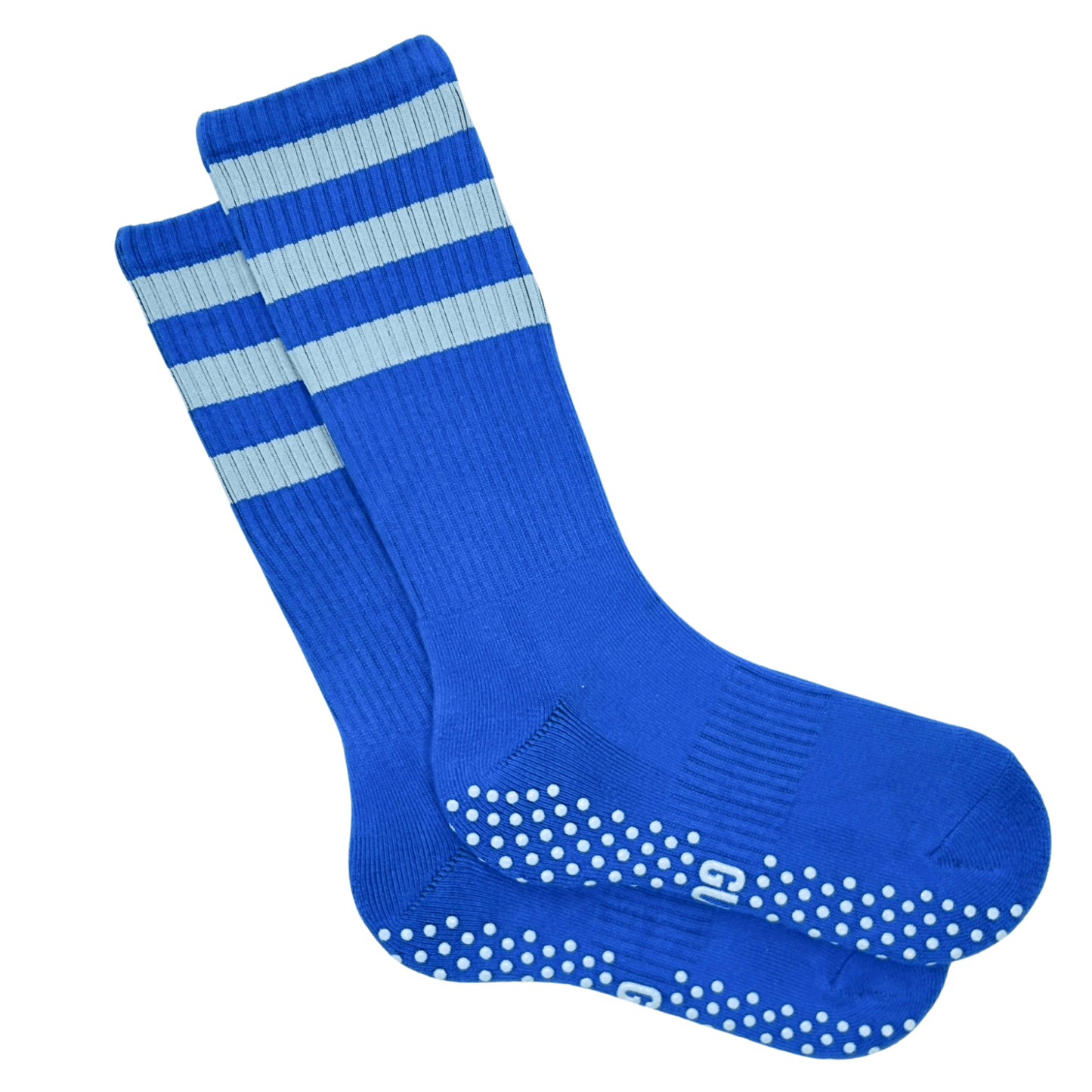 Blue GUMMI grip socks with white stripes and grip dots on a white background