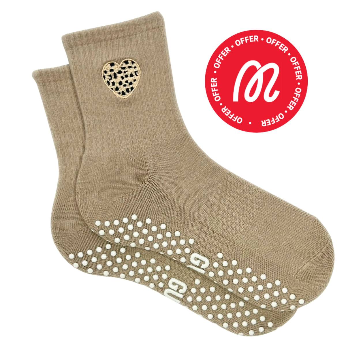 Sugar Safari tan leopard-heart crew grip socks for Pilates and Reformer.