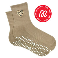 Sugar Safari tan leopard-heart crew grip socks for Pilates and Reformer.