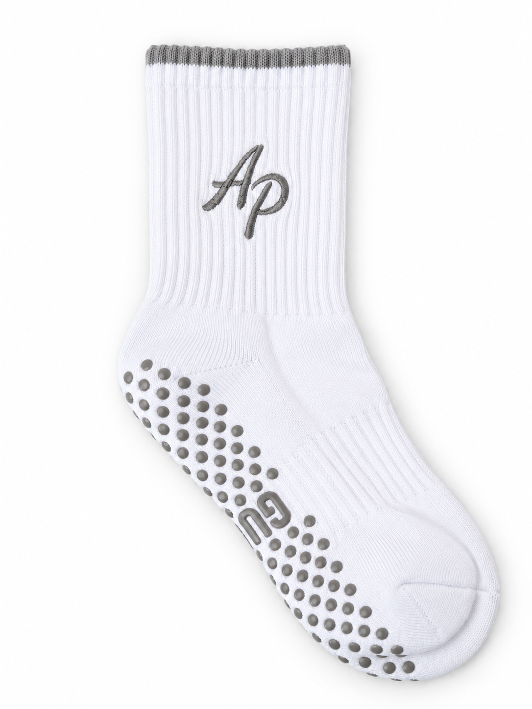 Personalised Ice Mint white ribbed Pilates grip sock with grey detailing and embroidered monogram initials