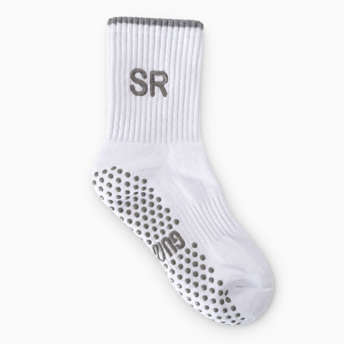 Personalised white Ice Mint crew grip sock with embroidered SR initials, grey detailing and non-slip sole